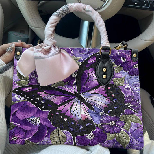 Leather Bag Gorgeous Purple Butterfly Flowers