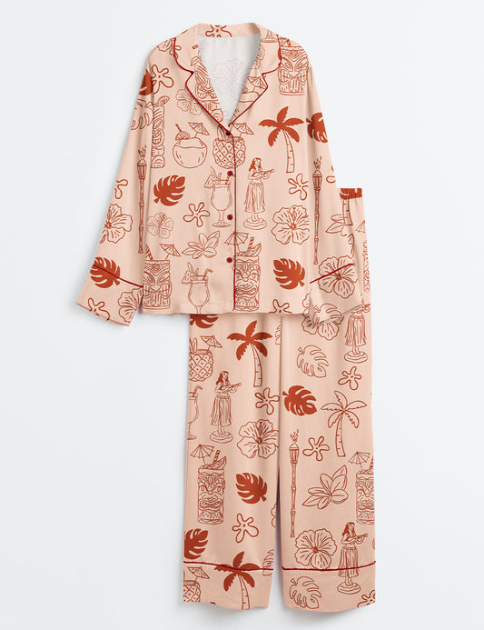 Women’s Hand Drawn Tiki And Tropical Drinks Luau Party Print Long Sleeve Satin Pajama Set