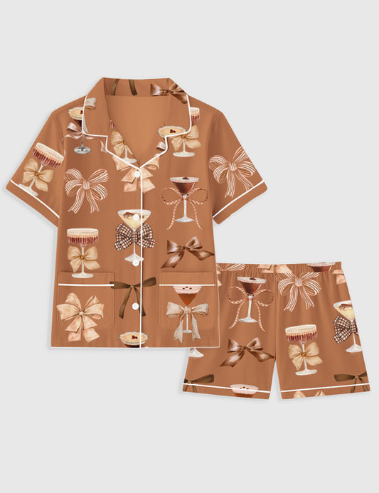Women's Martini Espresso Cocktail Preppy Girls Night Trendy Bow Short Sleeve Pocket Cotton Pajama Set