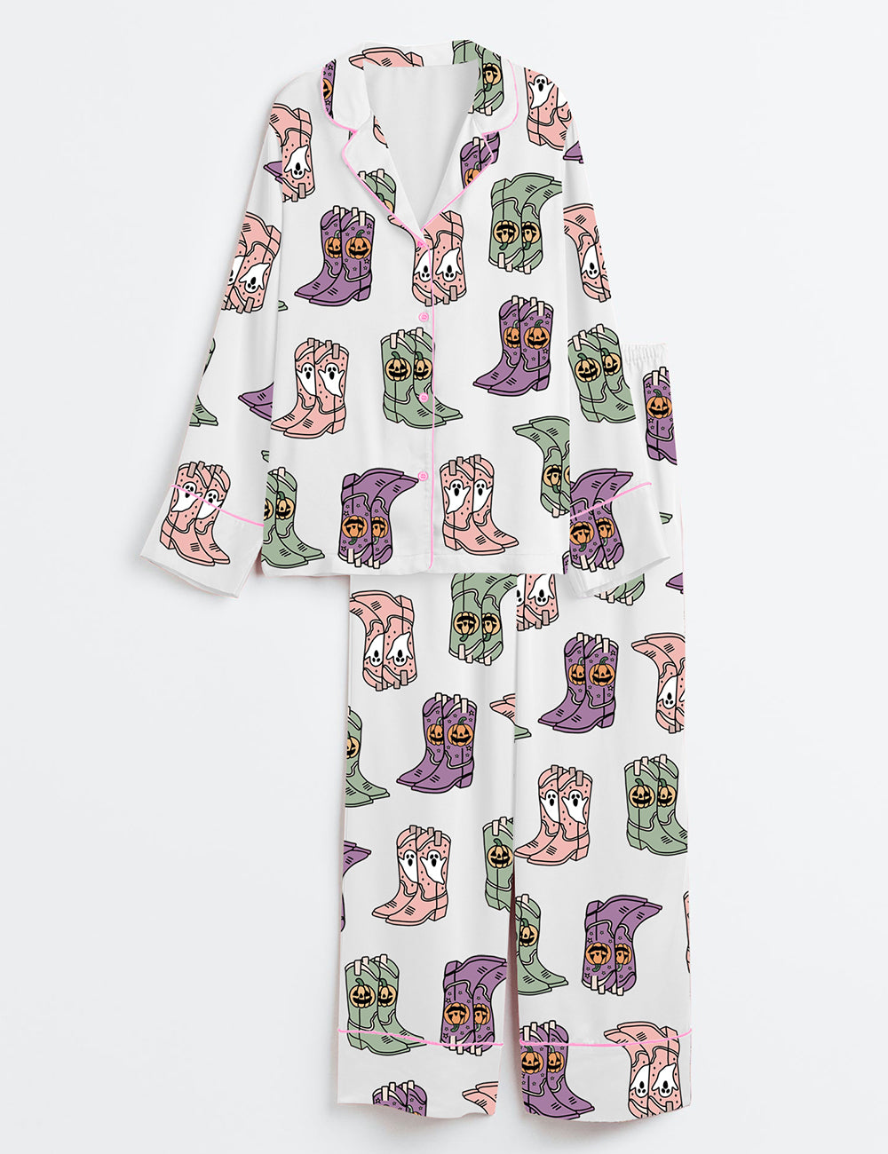 Women’s Let's Go Ghouls Halloween Western Howdy Cowgirl Boots Print Long Sleeve Satin Pajama Set