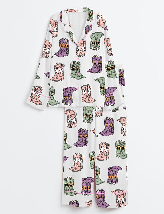 Women’s Let's Go Ghouls Halloween Western Howdy Cowgirl Boots Print Long Sleeve Satin Pajama Set