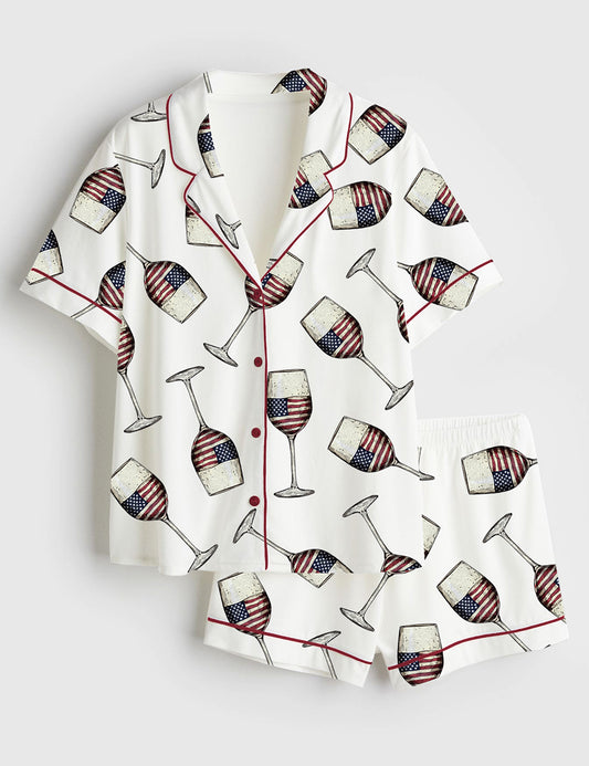 Women’s American Flag 4th Of July USA Wine Print Short Sleeve Satin Pajama Set