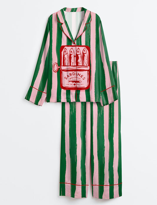 Women’s Sardines Summer Beach Aesthetic Sardines Girly Summer Ocean Beach Art Print Long Sleeve Satin Pajama Set