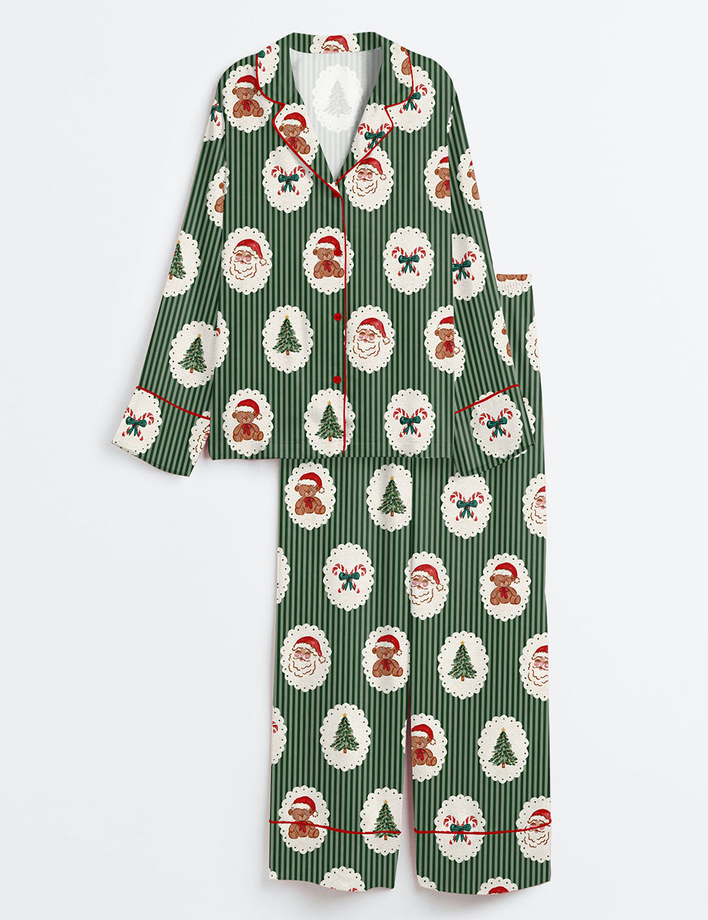 Women’s Red And Green Cameo Christmas Reindeer Gingerbread Bows Candy Cane Teddy Bears Long Sleeve Satin Pajama Set