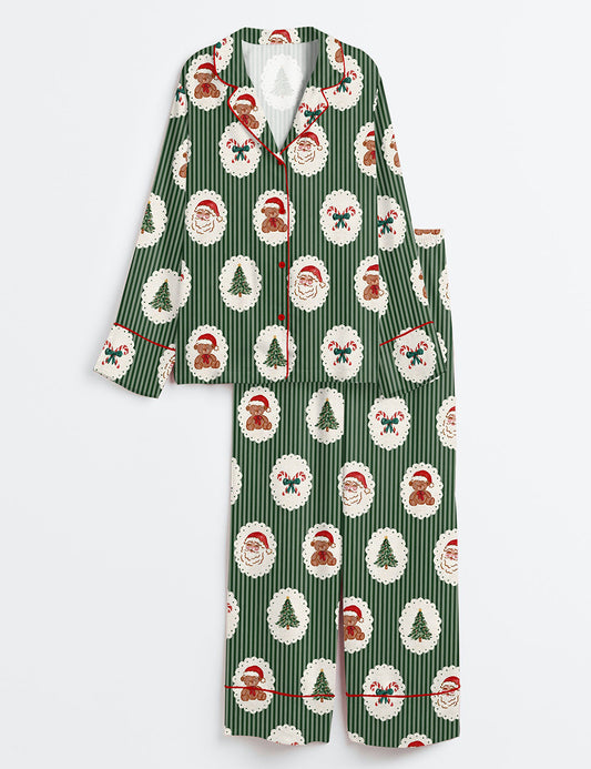 Women’s Red And Green Cameo Christmas Reindeer Gingerbread Bows Candy Cane Teddy Bears Long Sleeve Satin Pajama Set