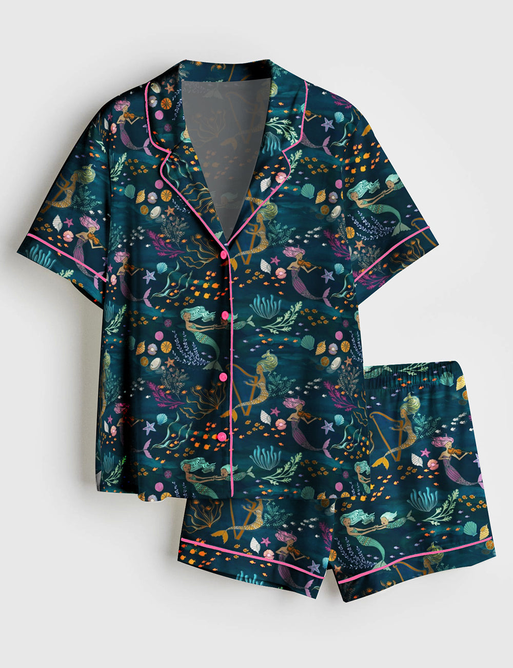 Women’s Mermaid Music Undersea Beauty Animals and Plants Short Sleeve Satin Pajama Set