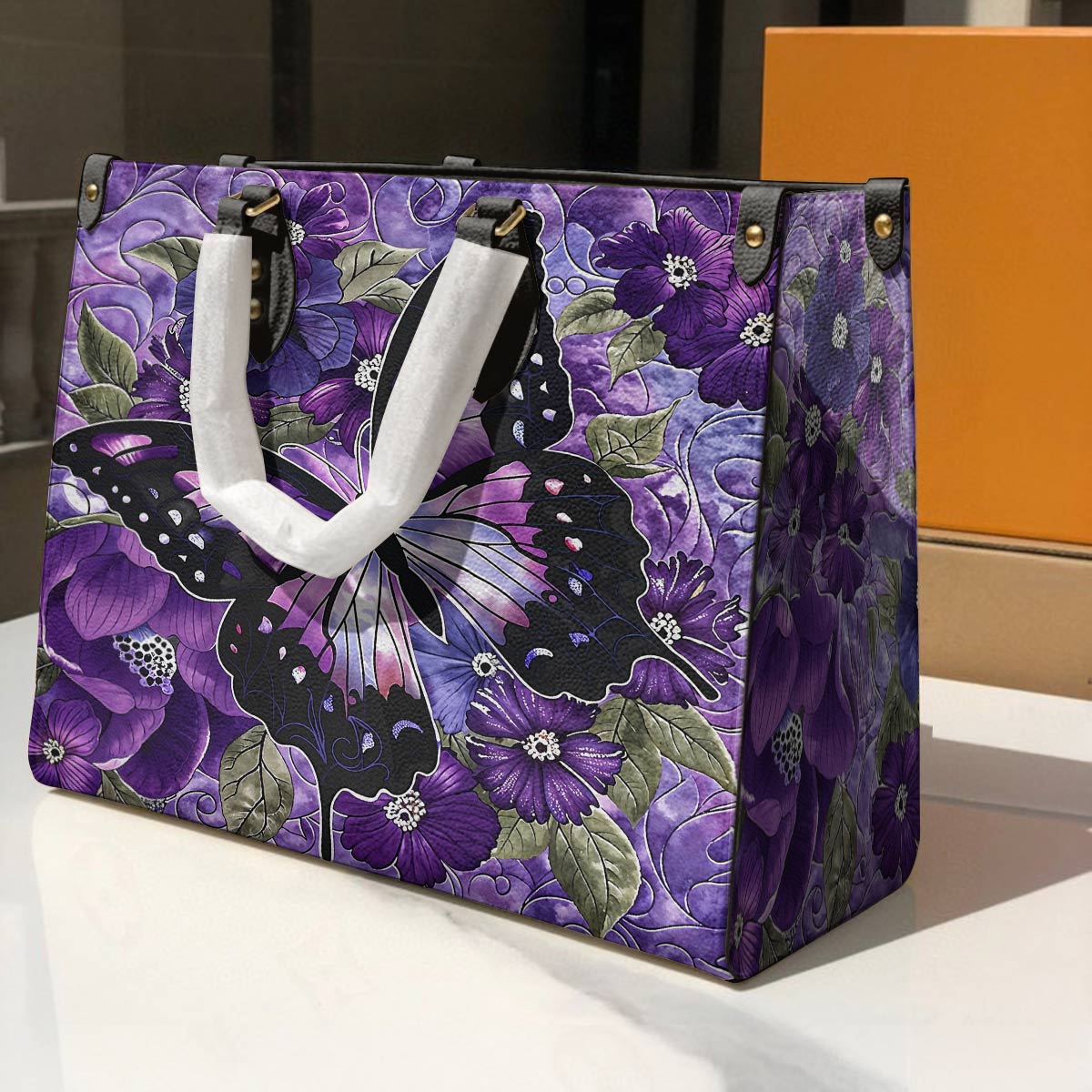 Leather Bag Gorgeous Purple Butterfly Flowers
