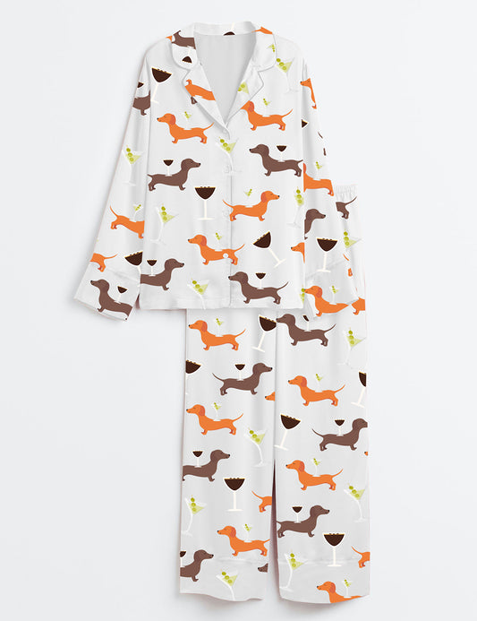 Women’s Dachshund Weenies And Tinis Bachelorette Tini Weenie Martini Party Print Long Sleeve Satin Pajama Set