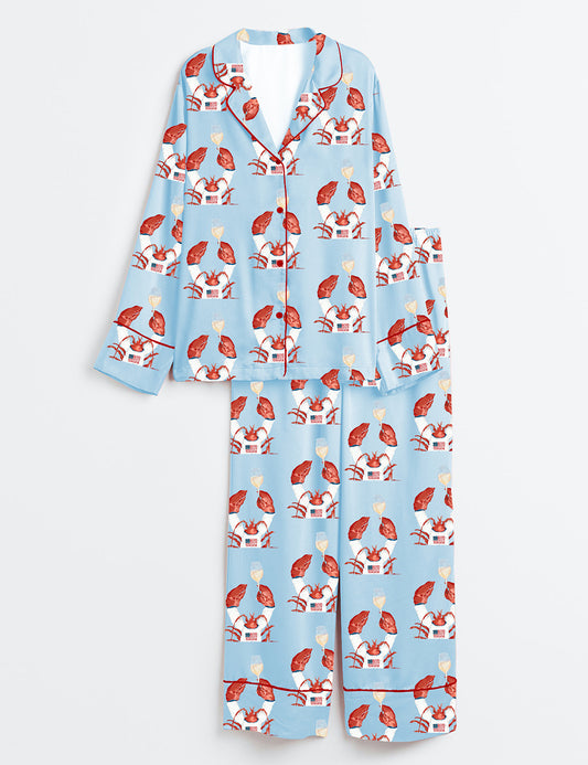 Women’s The Flag Sweater Lobster Coastal Holiday Long Sleeve Satin Pajama Set