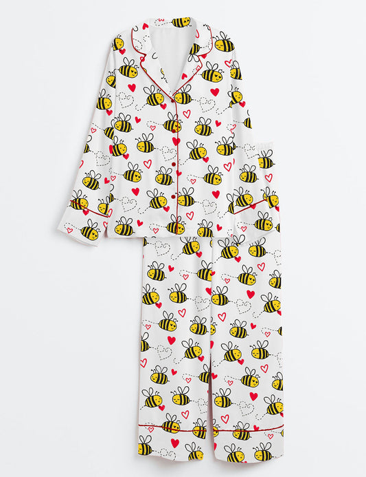 Women's Bee Kind Love Heart Valentine's Day Long Sleeve Satin Pajama Set