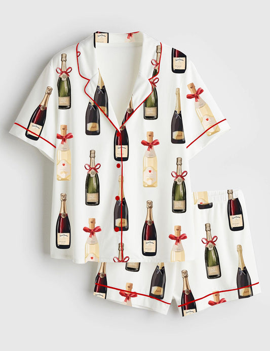 Women’s Christmas Champagne Bottles With Red Bows Short Sleeve Satin Pajama Set