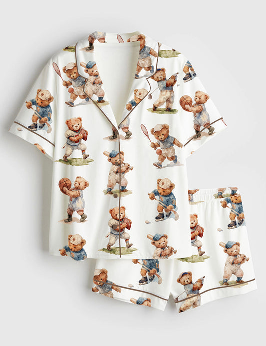 Women’s Vintage Teddy Bear Sports Watercolor Bear Playing Ball Print Short Sleeve Satin Pajama Set