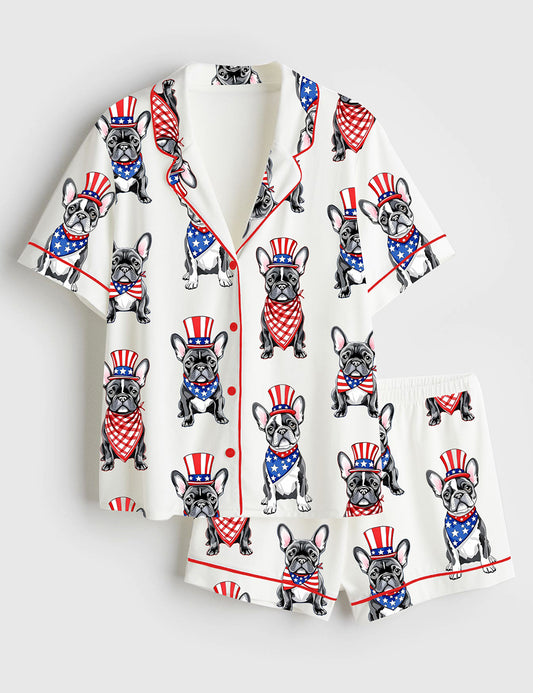 Women’s Patriotic French Bulldog 4th Of July Dog Short Sleeve Satin Pajama Set