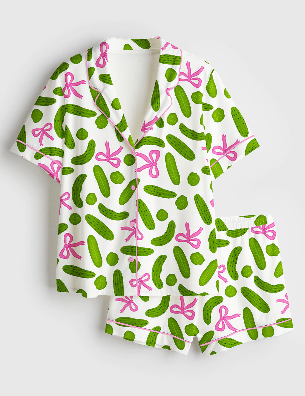 Women’s Trendy Pickle Girly Coquette Pickles And Bows Short Sleeve Satin Pajama Set