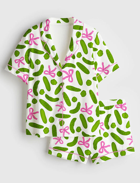 Women’s Trendy Pickle Girly Coquette Pickles And Bows Short Sleeve Satin Pajama Set