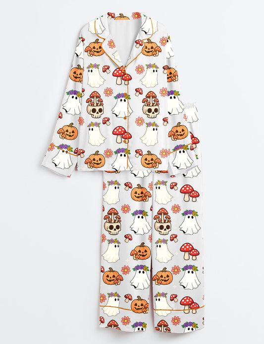 Women’s Ghost Mushroom Skull Halloween Long Sleeve Satin Pajama Set