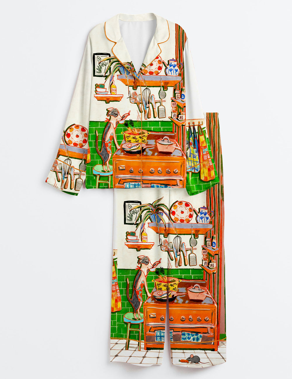 Women’s Whimsical Dinner Time Dog Art Print Long Sleeve Satin Pajama Set