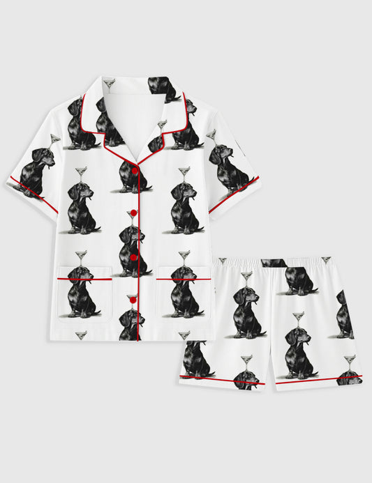 Women's Dachshund Martini Retro Dog Cocktail Rustic Farmhouse Short Sleeve Pocket Cotton Pajama Set