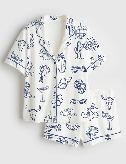 Women's Cowgirl Coastal Bachelorette Hand Drawn Whimsical Short Sleeve Satin Pajama Set