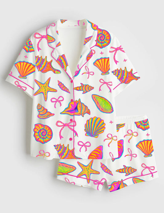 Women’s Coquette Seashell Beach Coastal Retro Summer Vibes Print Short Sleeve Satin Pajama Set
