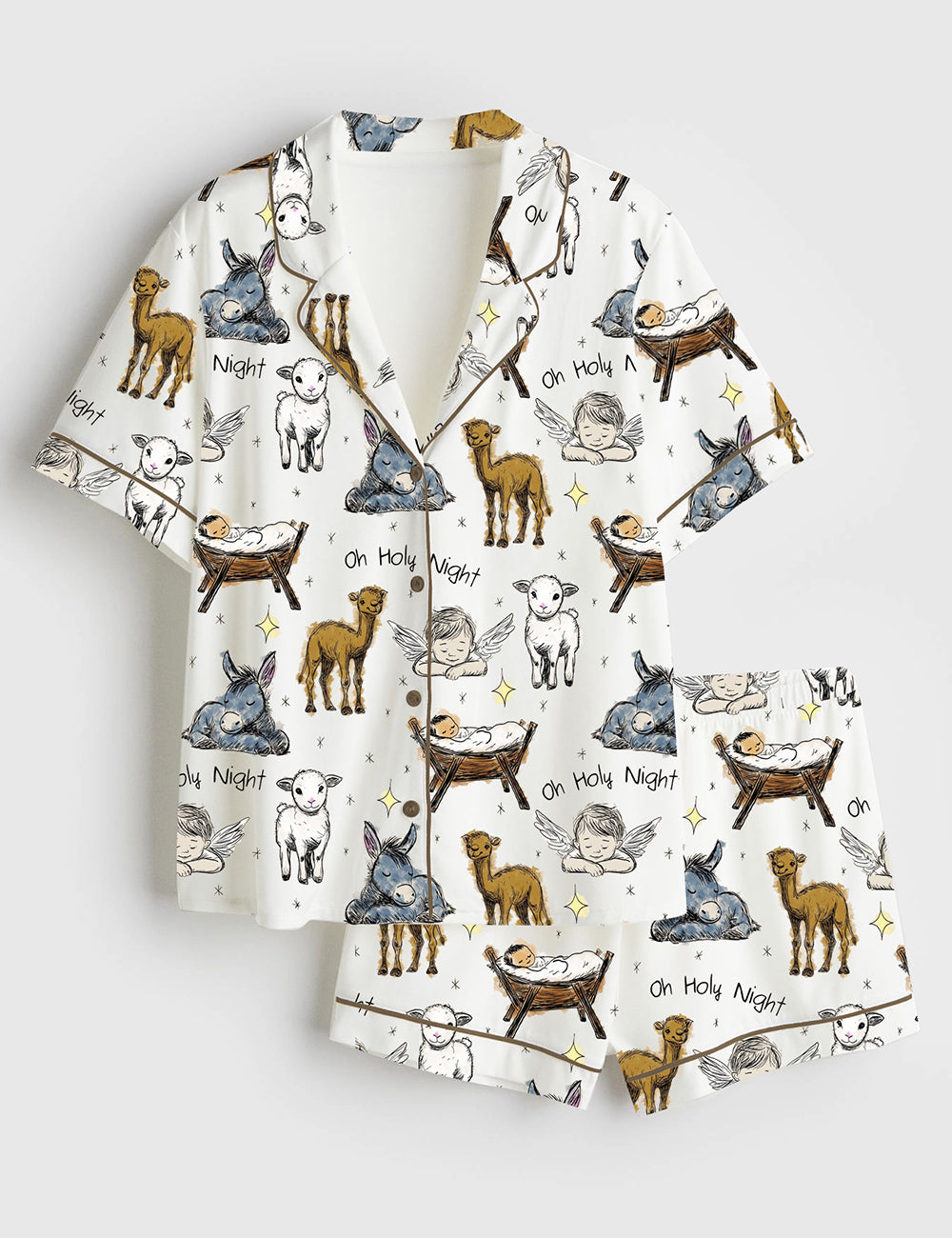 Women’s Baby Jesus In Manger With Baby Animals Christmas Short Sleeve Satin Pajama Set