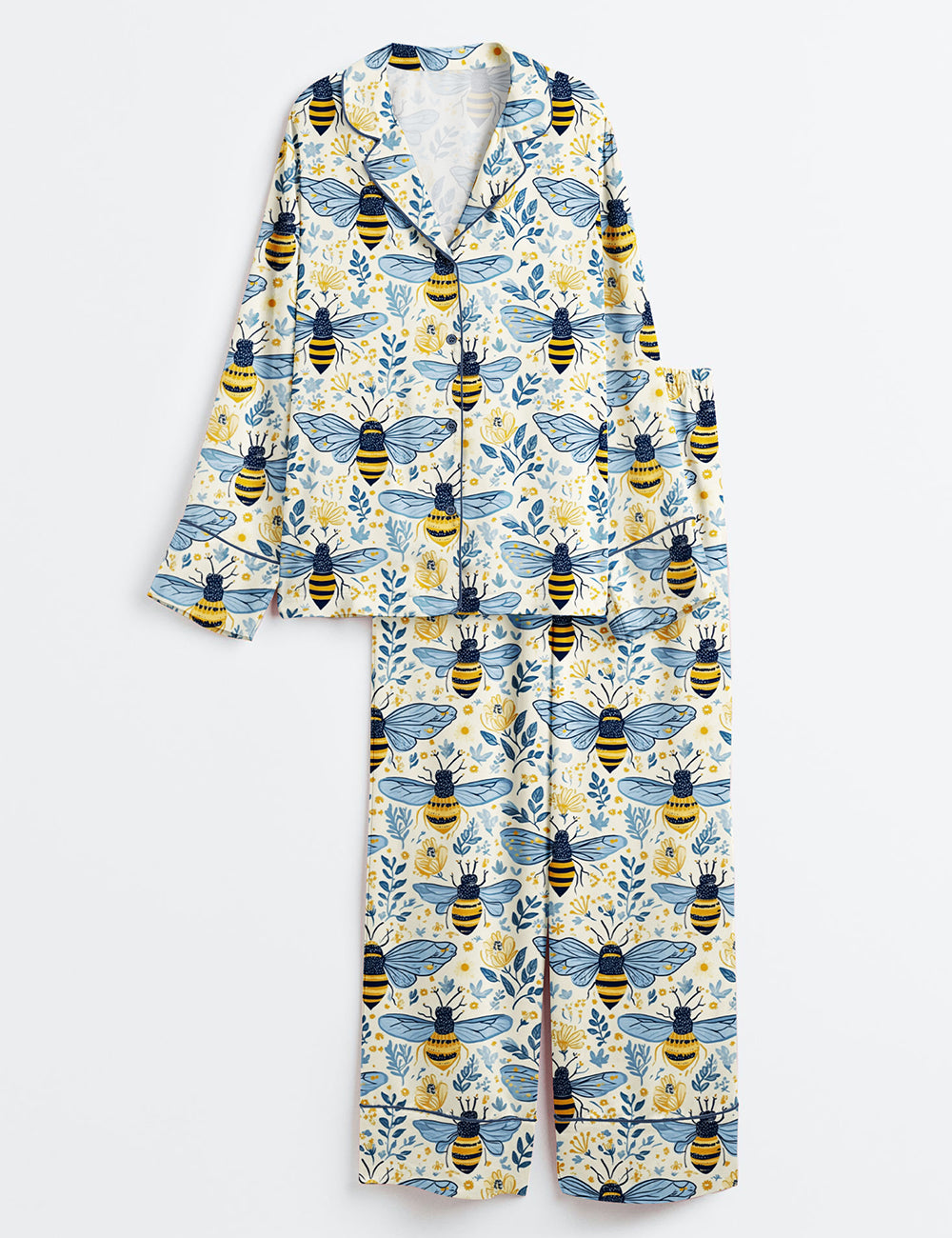 Women’s Flowers And Bees Wildflower Honeybee Summer Surface Long Sleeve Satin Pajama Set