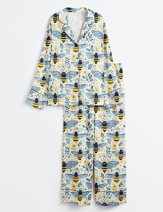 Women’s Flowers And Bees Wildflower Honeybee Summer Surface Long Sleeve Satin Pajama Set
