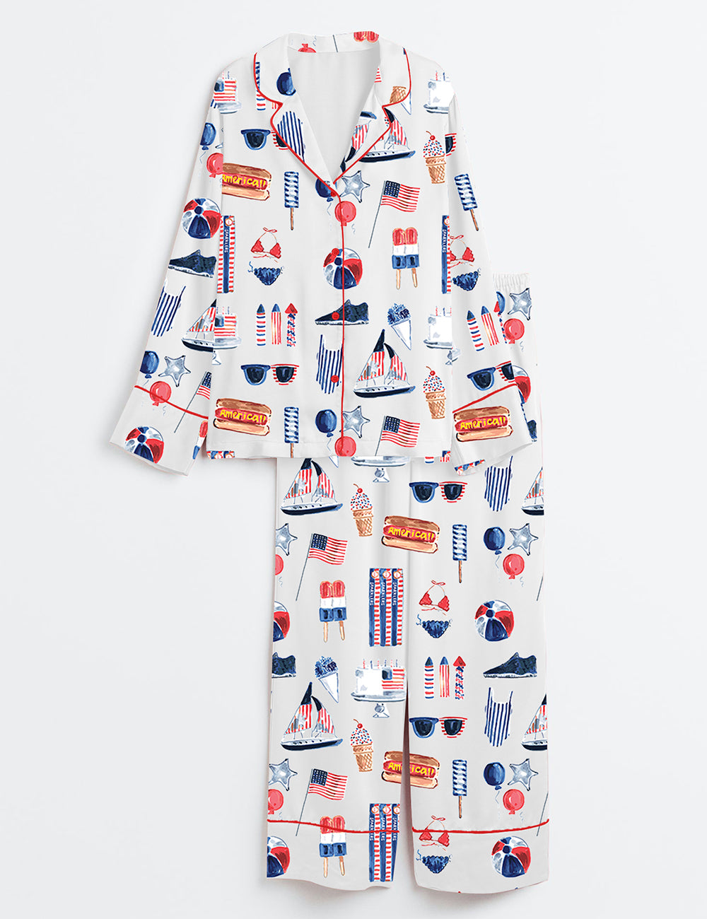 Women’s Watercolor Patriotic 4th Of July Long Sleeve Satin Pajama Set