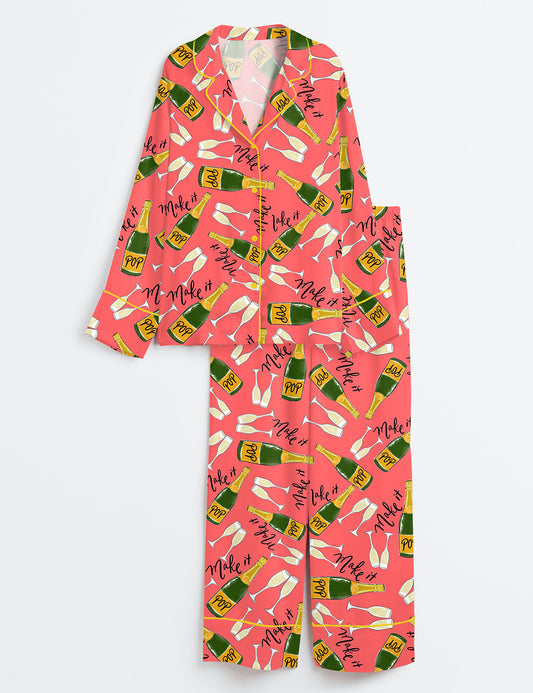 Women’s Champagne Party Long Sleeve Satin Pajama Set