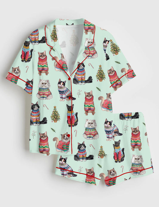 Women’s Christmas Cats Short Sleeve Satin Pajama Set
