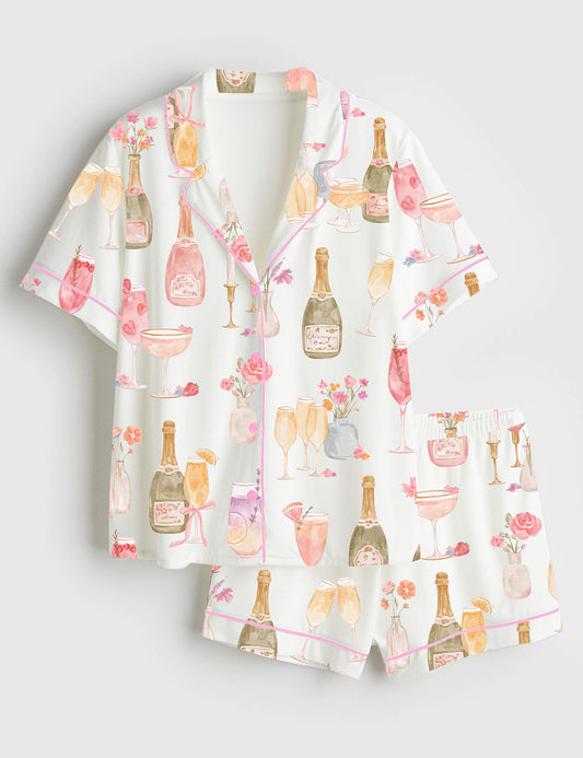 Women’s Watercolor Champagne Mimosa Cheers Brunch Floral Cocktail Rose Candles Wedding Party Print Short Sleeve Satin Pajama Set
