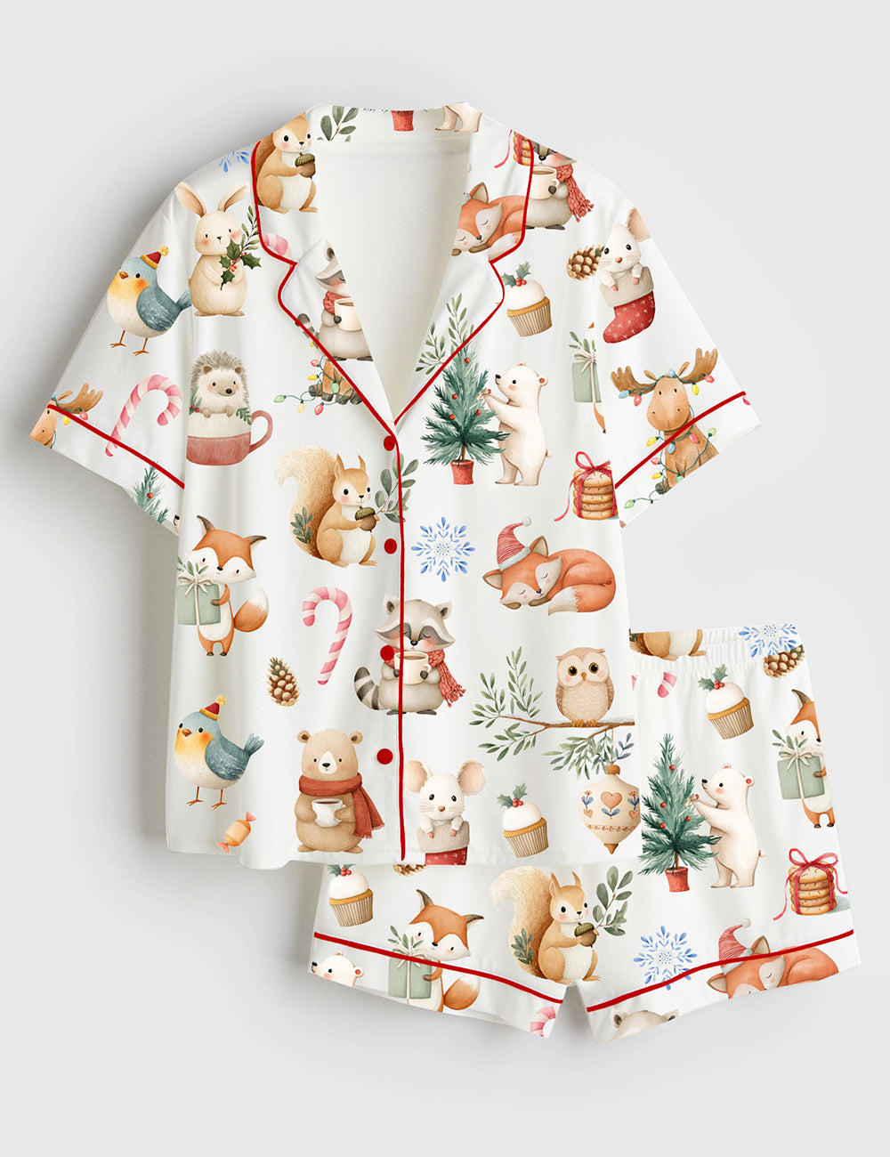 Women’s Woodland Christmas Watercolor Reindeer Bear Hedgehog Holiday Animals Short Sleeve Satin Pajama Set