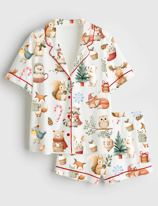 Women’s Woodland Christmas Watercolor Reindeer Bear Hedgehog Holiday Animals Short Sleeve Satin Pajama Set