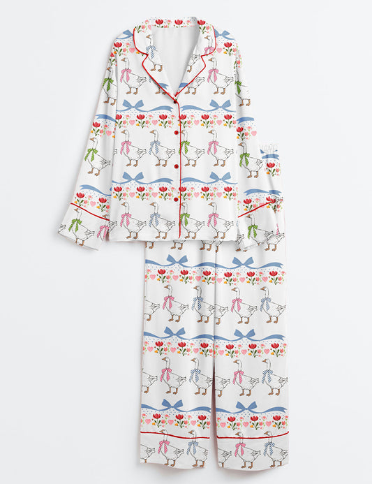 Women’s Vintage Goose Blue Ribon Trendy Cute Goose Print Long Sleeve Satin Pajama Set