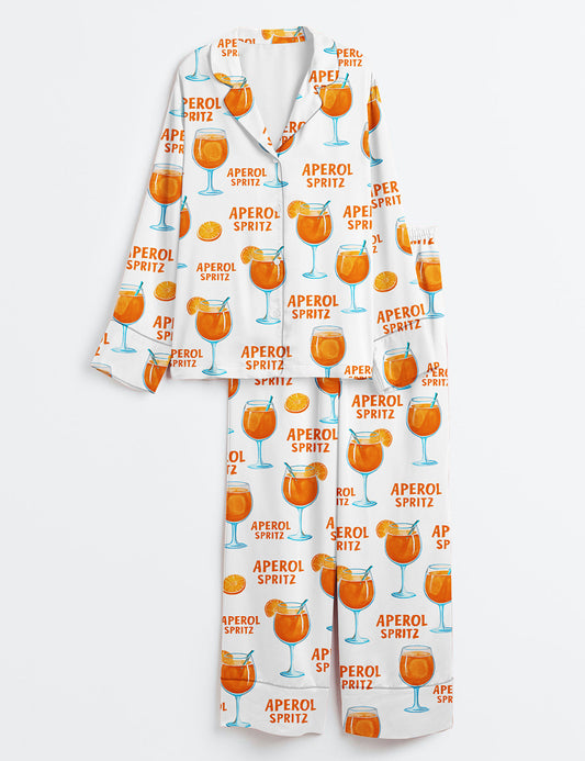Women’s Aperol Spritz Trio Watercolor Summer Ocean Beach Vibes Print Long Sleeve Satin Pajama Set
