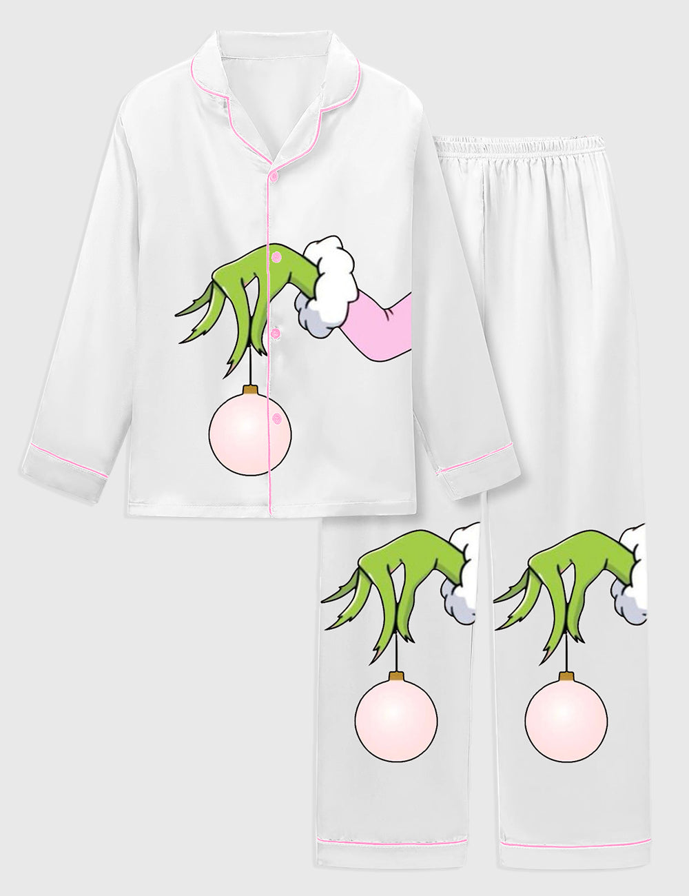 Kid's Pink Christmas Grinch Satin Family Pajama Set