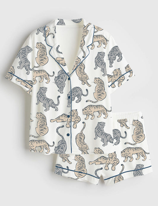 Women's Wild Animal Tiger Short Sleeve Satin Pajama Set