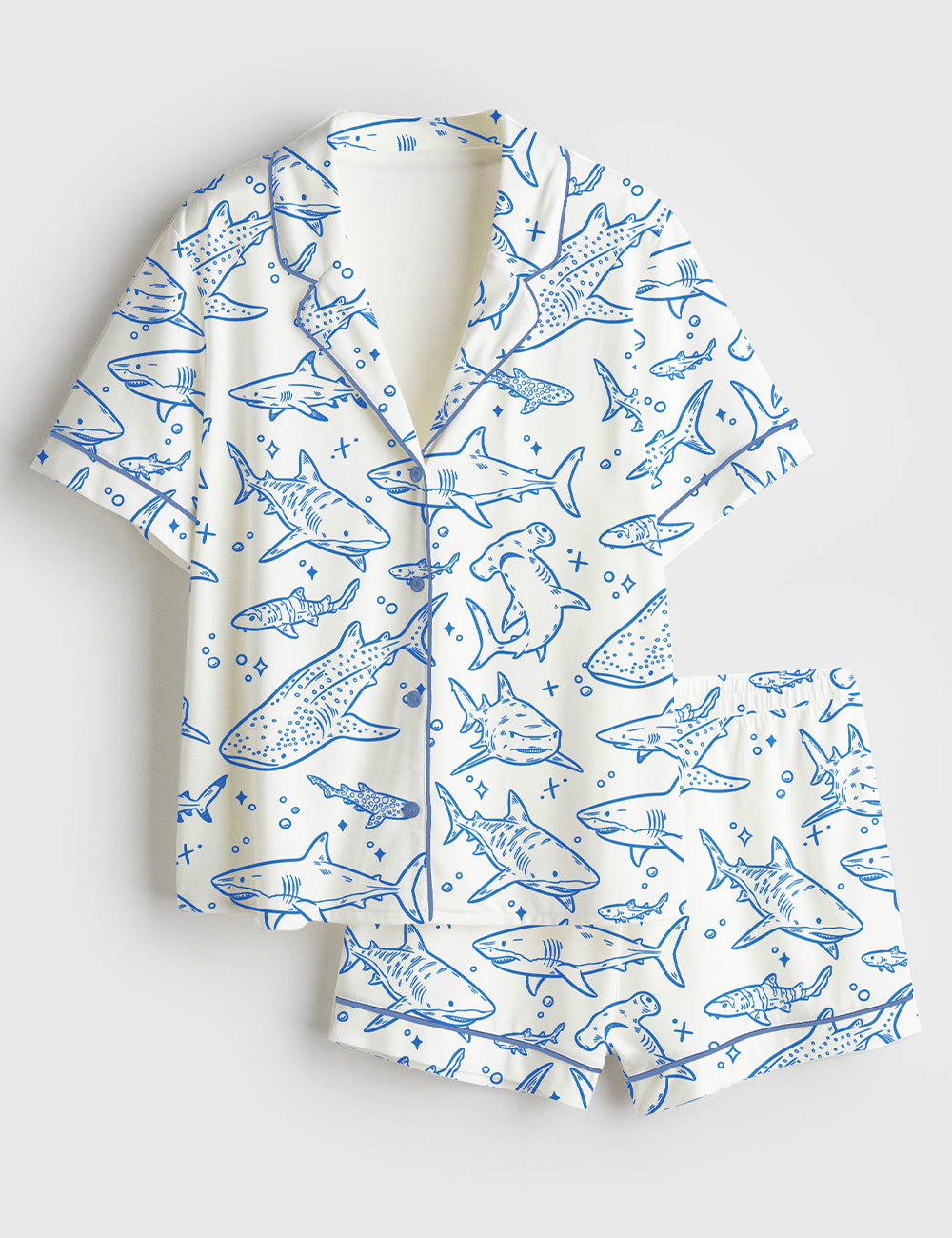Women’s Shark Respect The Locals Hand Drawn Shark Summer Beach Travel Print Short Sleeve Satin Pajama Set
