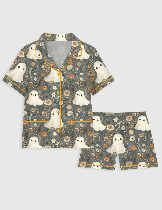 Women's Halloween Cute Ghosts And Pumpkins Short Sleeve Pocket Cotton Pajama Set