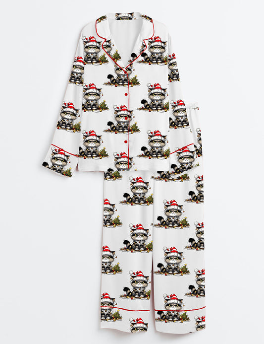 Women’s Angry Cat If I Had Anymore Christmas Spirit I'd Be Shitting Jingle Bells Long Sleeve Satin Pajama Set