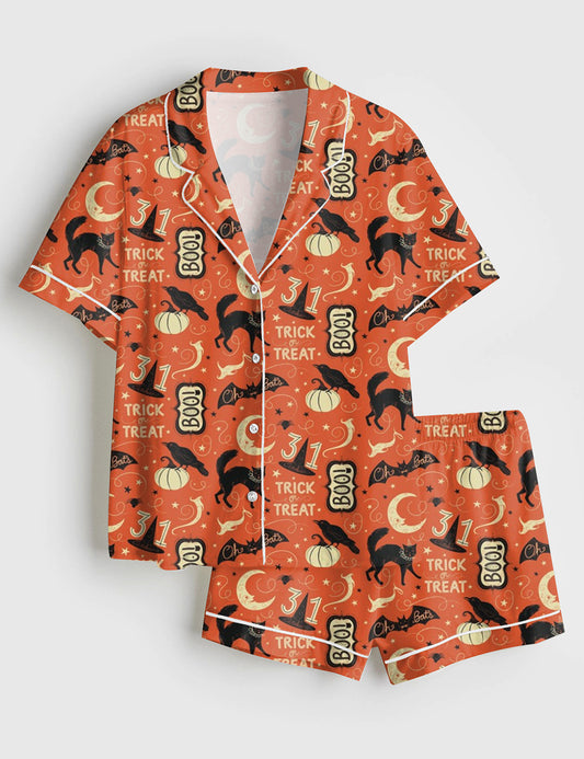 Women’s Halloween Vintage Halloween Trick Or Treat Boo Black Cat Pumpkin Bat Short Sleeve Satin Pajama Set