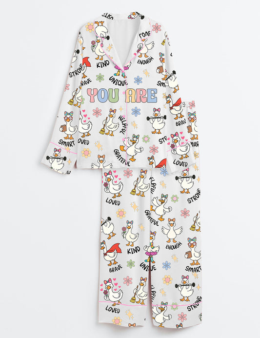Women’s Silly Goose You Are Kind Teacher Affirmation Back to School Cute Goose Print Long Sleeve Satin Pajama Set