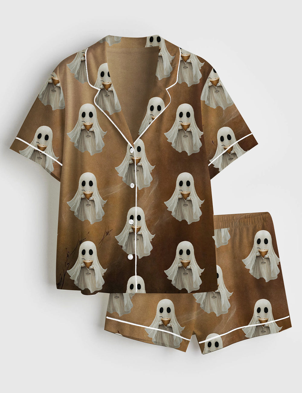 Women’s Ghost Drinking Cocktail Espresso Martini Halloween Short Sleeve Satin Pajama Set