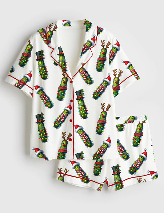 Women’s Christmas Pickle Holiday Cucumber Short Sleeve Satin Pajama Set