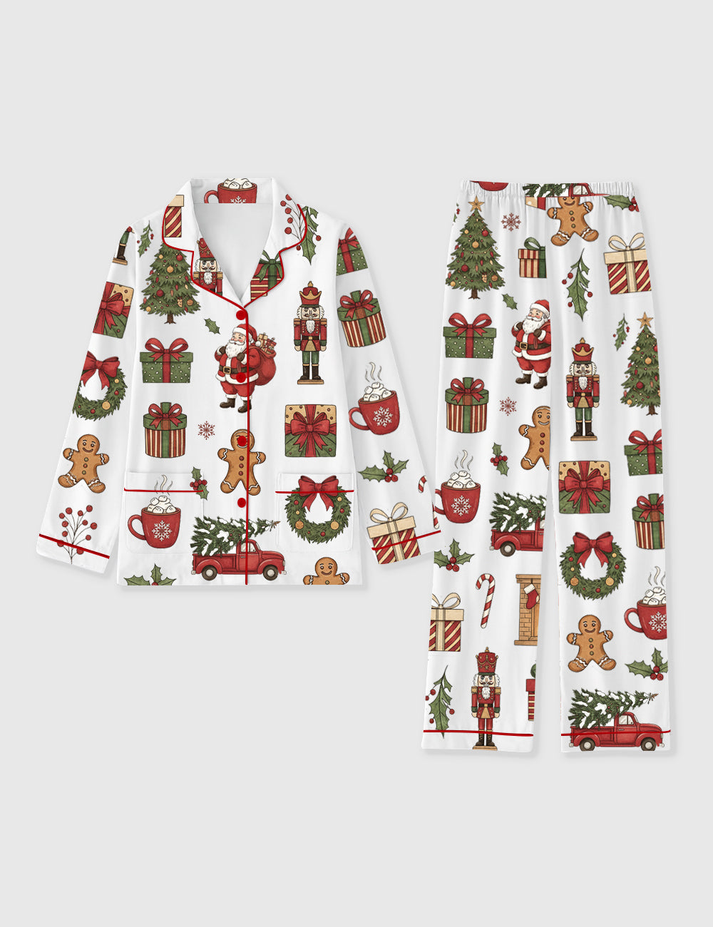 Women's Christmas Tree Nutcracker Santa Claus Hot Cocoa Gingerbread Man Holiday Long Sleeve Pocket Cotton Family Pajama Set