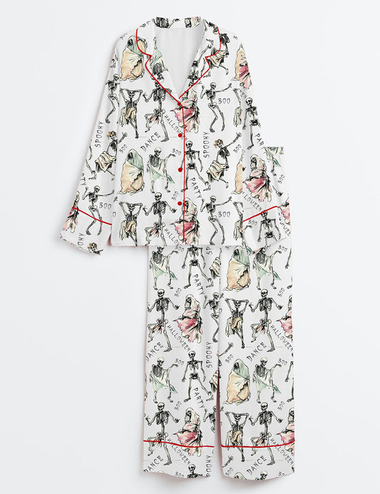 Women’s Halloween Dancing Skeleton Long Sleeve Satin Pajama Set
