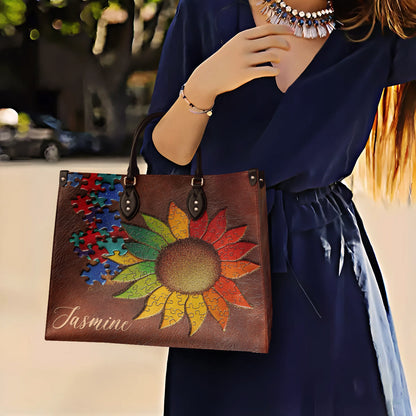 Lorva Personalized Autism Leather Bag Sunflower Connections