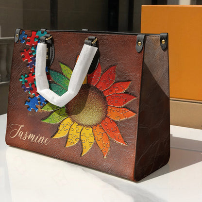 Lorva Personalized Autism Leather Bag Sunflower Connections