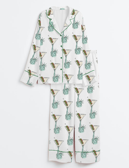 Women’s USA Statue of Liberty Holding Martinis Weenies and Tinis Bachelorette Long Sleeve Satin Pajama Set