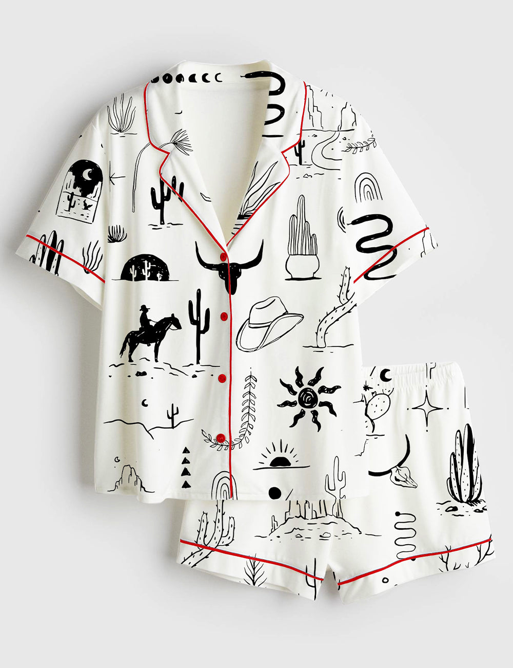Women’s Wild Western Outdoors Adventure Silhouette Cowboy Cactus Mountain Snake Hand Moon Sun Print Short Sleeve Satin Pajama Set